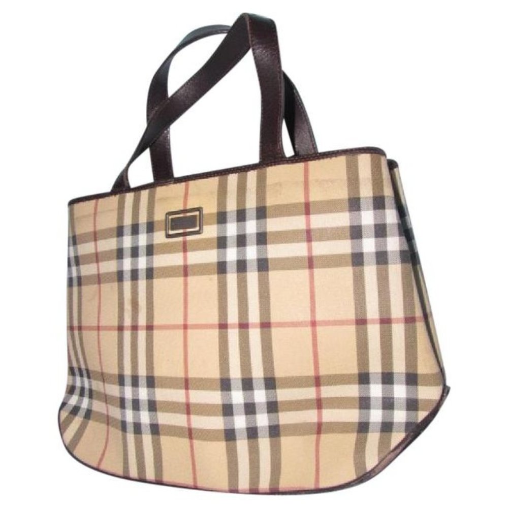 Burberry Brown Red White Black Nova Check Plaid Print Canvas Leather